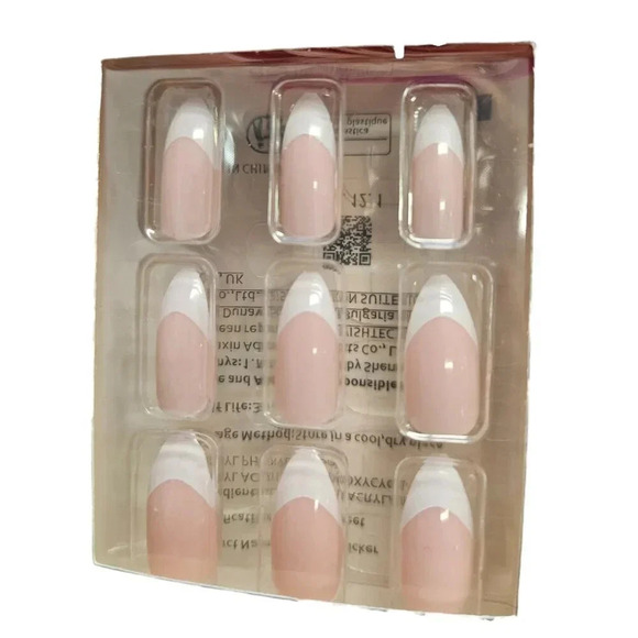 Short Sharp French Manicure - 30pcs Plastic Press On Nails Set with Sticky Pad - Picture 2 of 3